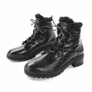 Schutz Stephan Boots Size 6.5 Black Leather Ankle Booties Faux Shearling New